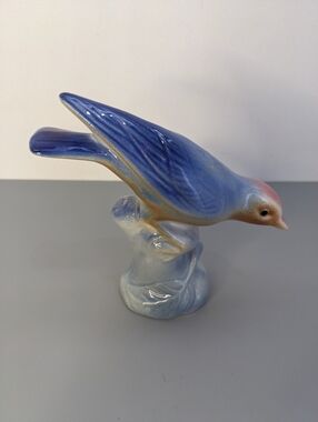 Vintage Japan Ceramic Bird Figurine Blue Tan Glaze Mid Century Decor Collectible